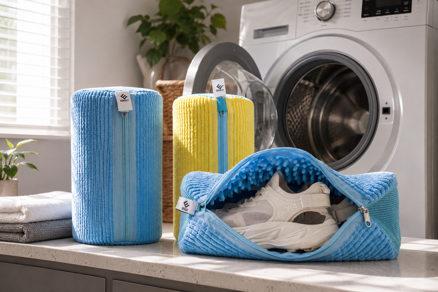 How to wash sneakers in a washing bag using a reusable mesh shoe laundry bag to protect shoes during machine washing.