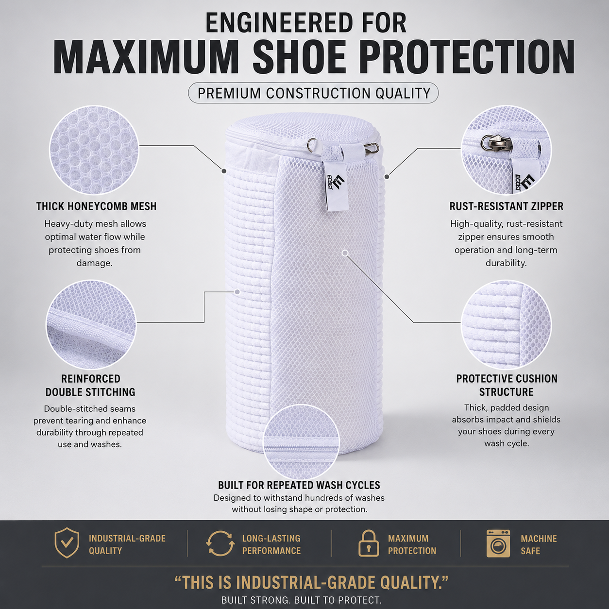 EPSCY shoe washing bag for washing machine with thick honeycomb mesh, reinforced double stitching, protective cushion padding, and rust-resistant zipper for maximum sneaker protection during every wash cycle.