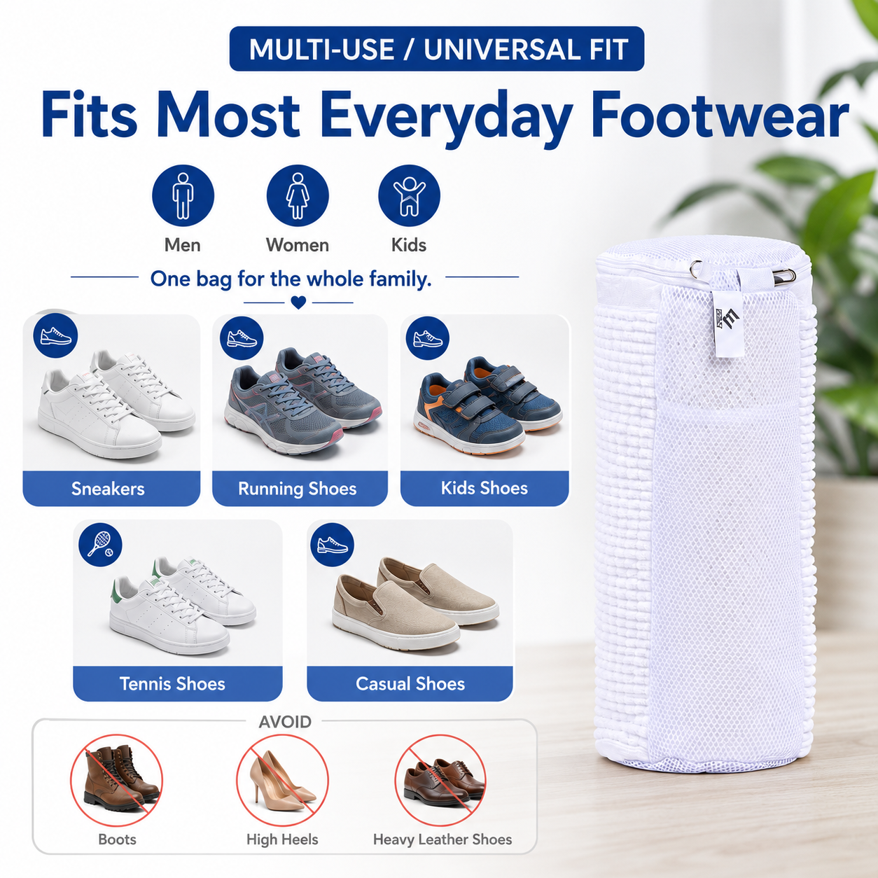 EPSCY shoe washing bag for washing machine designed to fit most everyday footwear, including sneakers, running shoes, tennis shoes, casual shoes, and kids shoes for safe and effective cleaning.