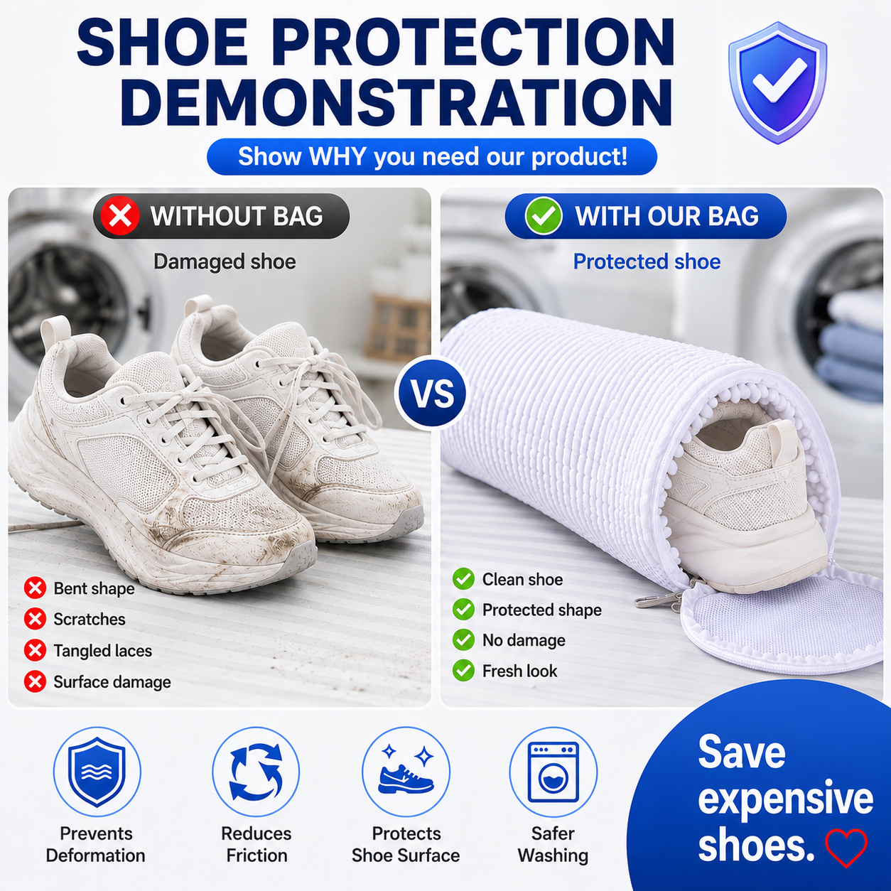 EPSCY shoe washing bag for washing machine that helps protect sneakers from scratches, deformation, tangled laces, and surface damage while keeping shoes cleaner during every wash cycle.