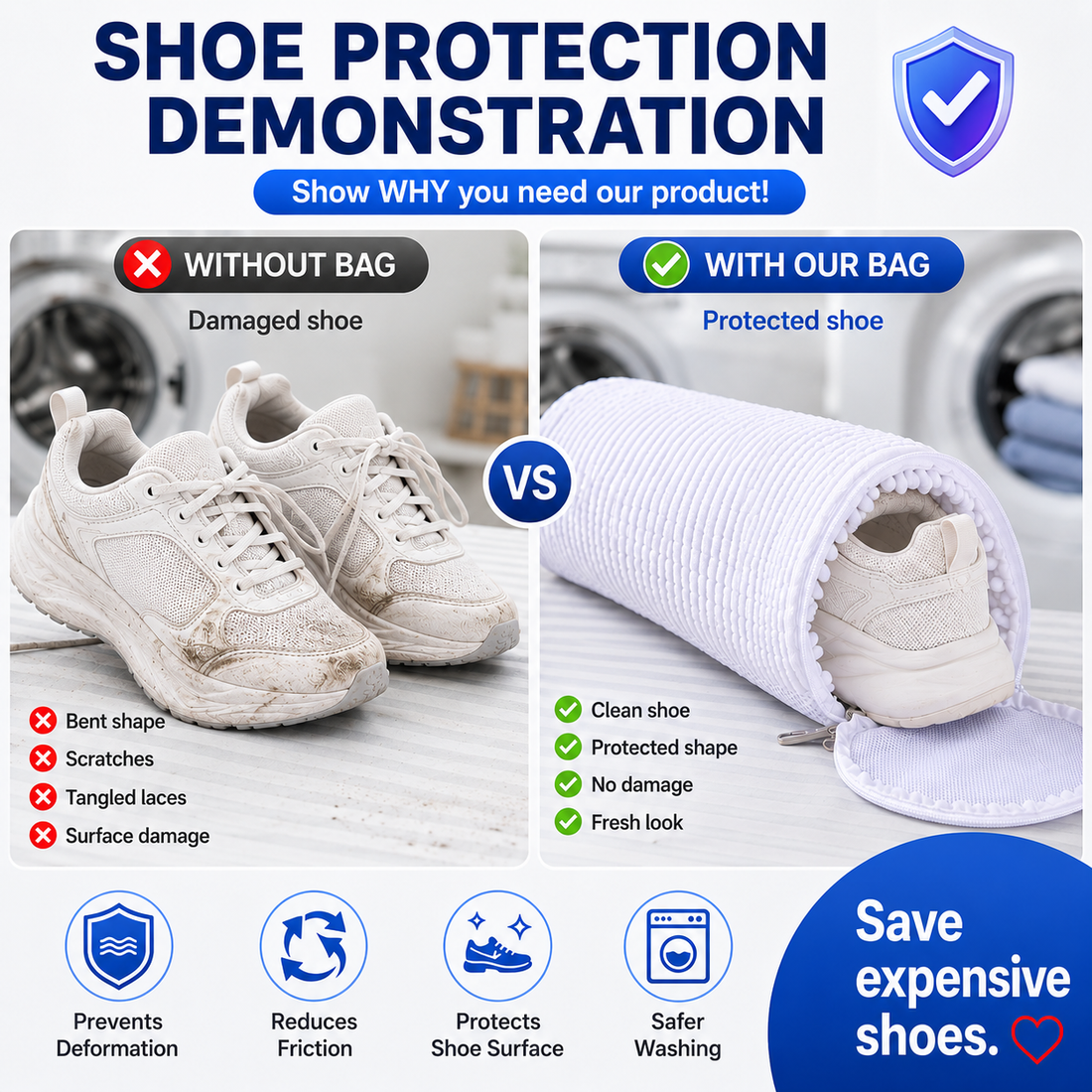 EPSCY shoe washing bag for washing machine that helps protect sneakers from scratches, deformation, tangled laces, and surface damage while keeping shoes cleaner during every wash cycle.