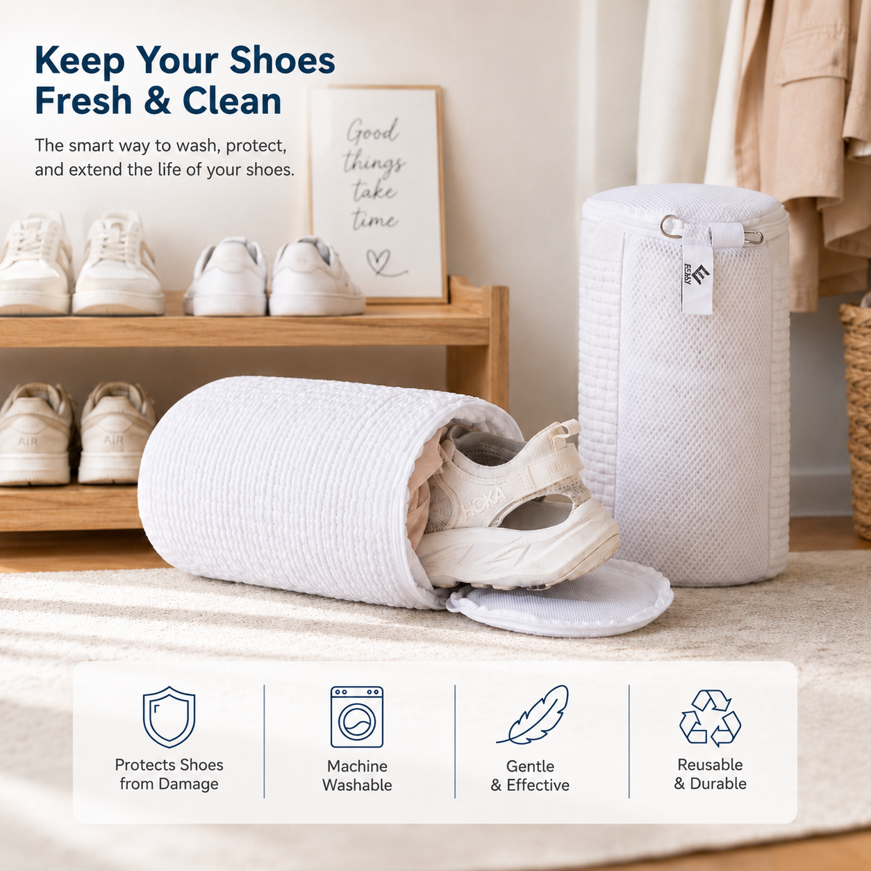 EPSCY shoe washing bag for washing machine designed to keep sneakers fresh and clean while protecting shoes from damage with a reusable, machine-washable protective mesh bag.
