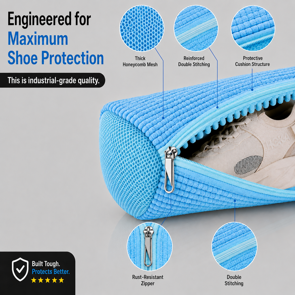 EPSCY shoe washing bag for washing machine with thick honeycomb mesh, reinforced stitching, protective cushion lining, and rust-resistant zipper for maximum sneaker protection during washing.