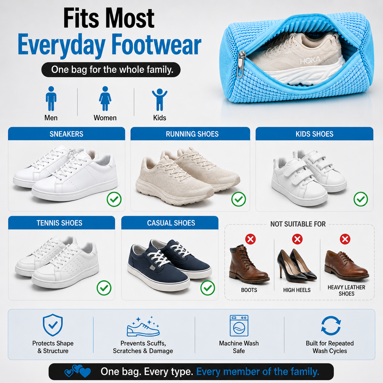 EPSCY shoe washing bag for washing machine designed to fit most everyday footwear, including sneakers, running shoes, tennis shoes, casual shoes, and kids shoes while protecting shape and reducing wear during washing.