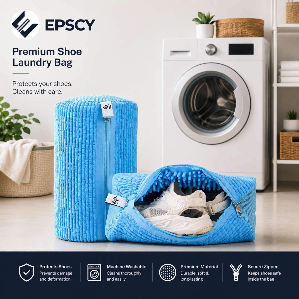 EPSCY shoe washing bag for washing machine with premium microfiber cushioning, durable mesh construction, and secure zipper closure to help protect sneakers during every wash cycle.