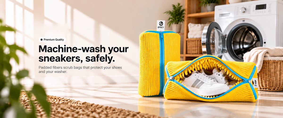 EPSCY yellow shoe washing bags with sneakers beside a washing machine