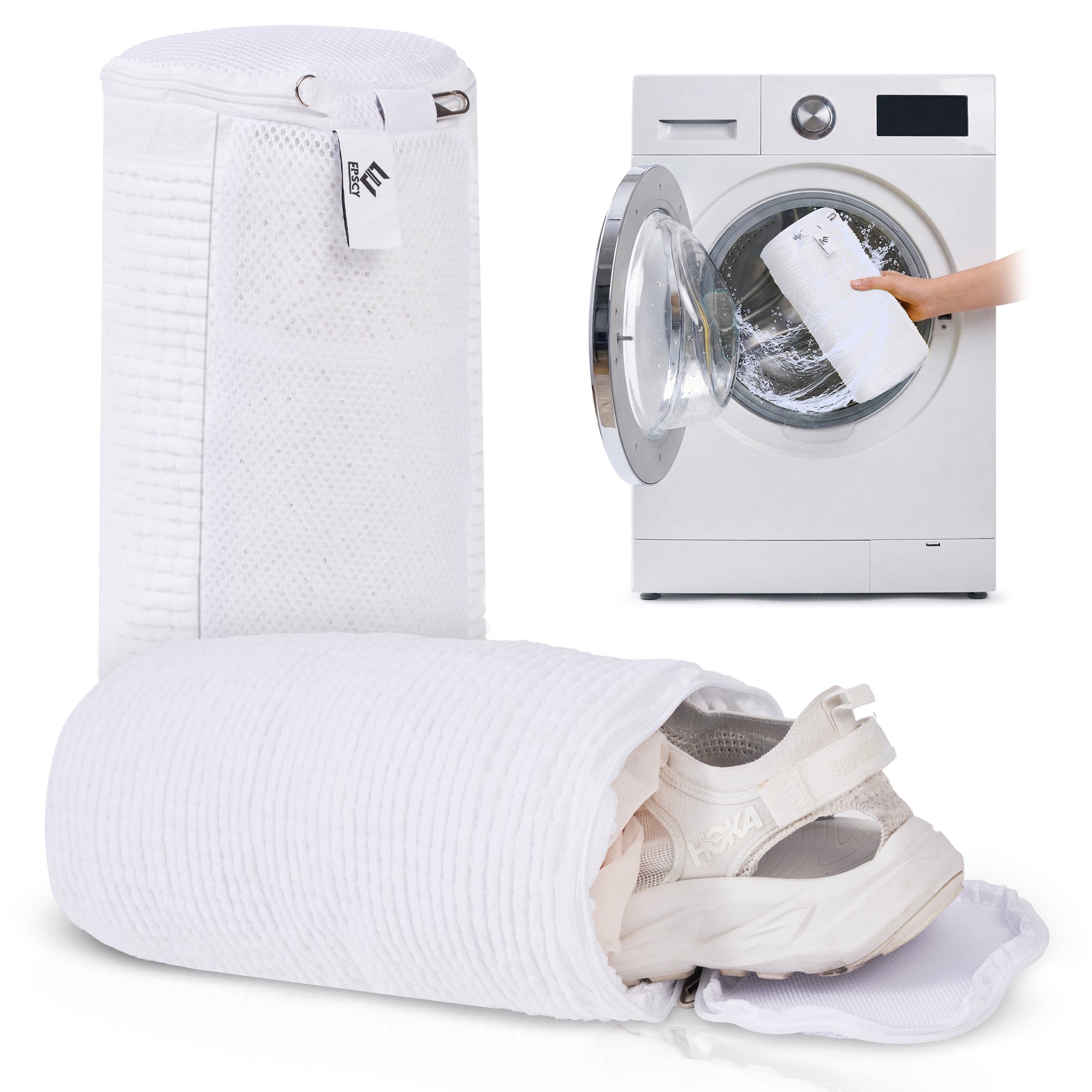 EPSCY shoe washing bag for washing machine with protective mesh design, showing sneakers inside the reusable laundry bag and safe use during machine washing.