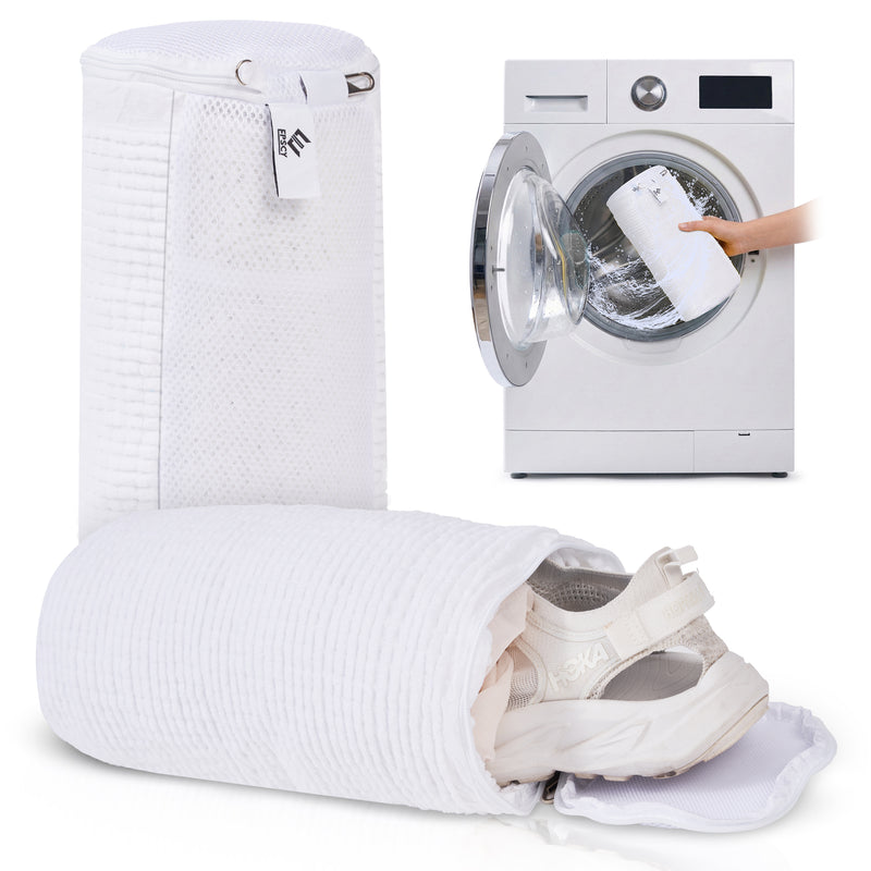 EPSCY shoe washing bag for washing machine with protective mesh design, showing sneakers inside the reusable laundry bag and safe use during machine washing.