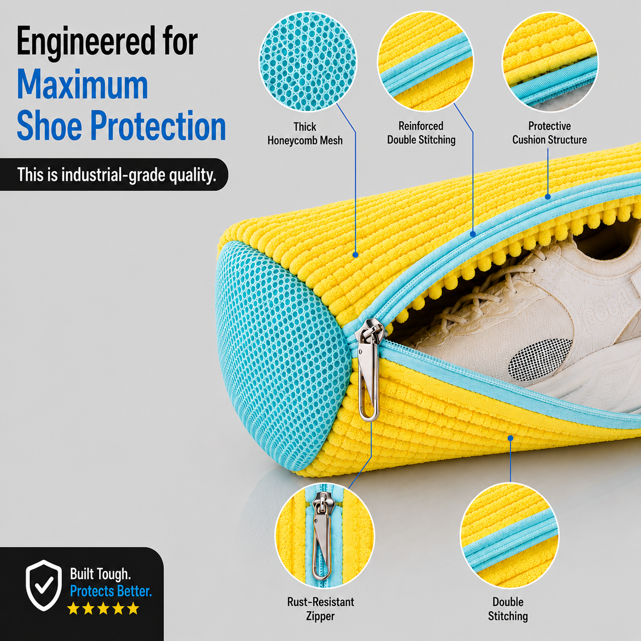 EPSCY shoe washing bag for washing machine with thick honeycomb mesh, reinforced stitching, protective cushion lining, and rust-resistant zipper for maximum sneaker protection during washing.