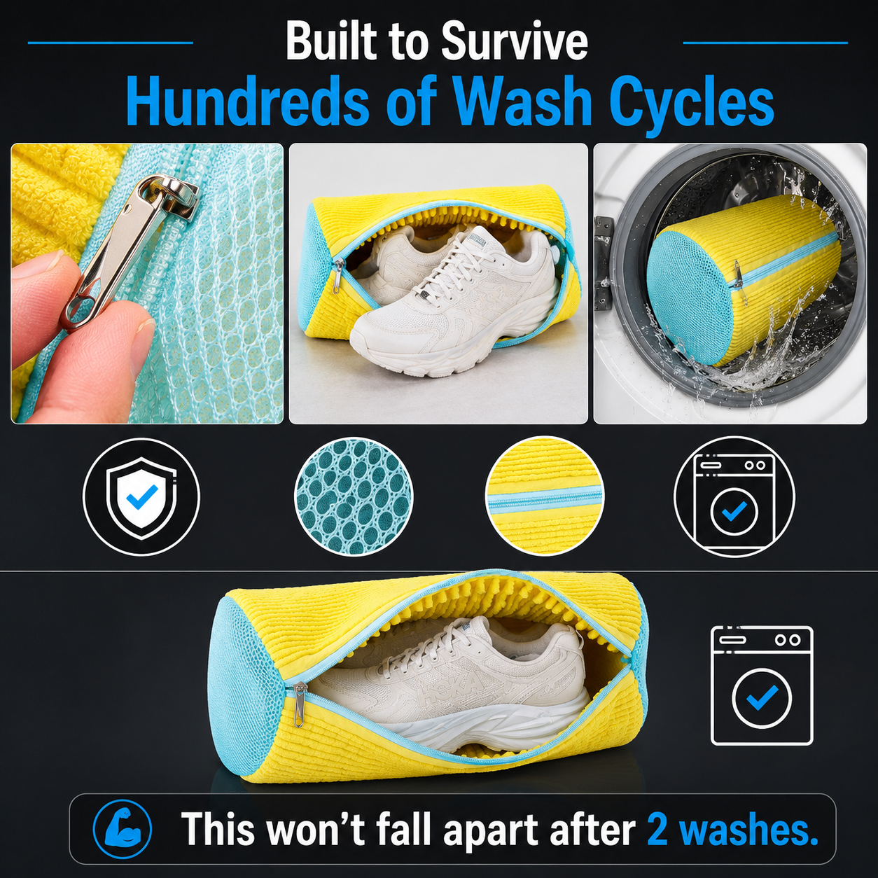 EPSCY shoe washing bag for washing machine with durable honeycomb mesh, reinforced stitching, and rust-resistant zipper designed to protect sneakers through hundreds of wash cycles.