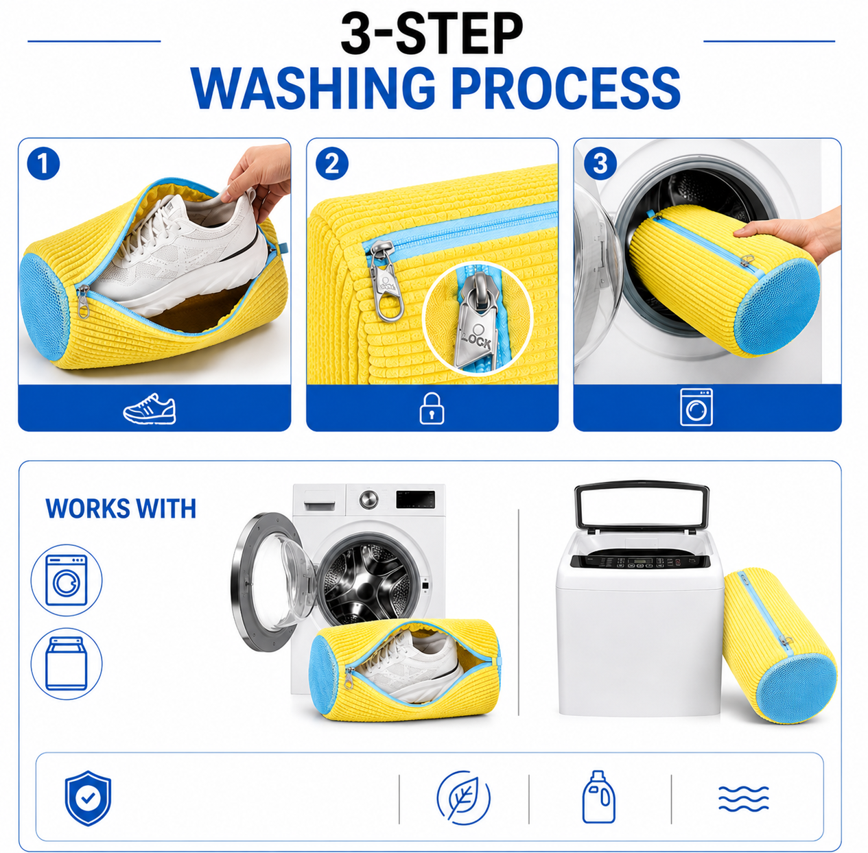 EPSCY shoe washing bag for washing machine featuring a simple 3-step cleaning process, secure zipper closure, and compatibility with front-load and top-load washers.