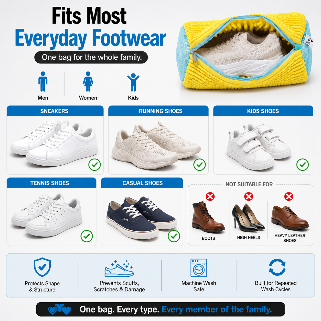 EPSCY shoe washing bag for washing machine designed to fit most everyday footwear, including sneakers, running shoes, tennis shoes, casual shoes, and kids shoes.