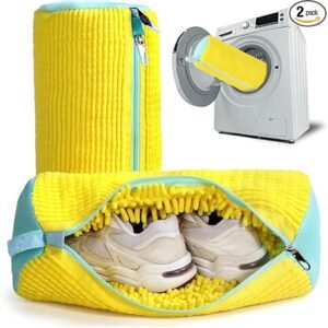 EPSCY Shoe Washing Machine Bag 2 Pack Yellow, 360° Wrap-Around Laundry Bags for Washer and Dryer - Reusable Deep Clean Sneaker Bags - Fits All Shoe Sizes & Types, Self-Locking Zipper, Protects Machine